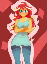 Size: 2000x2700 | Tagged: safe, artist:backgrounduser, sunset shimmer, equestria girls, g4, breasts, busty sunset shimmer, clothes, crossed arms, cute, female, high res, looking at you, pants, smiling, solo, tank top