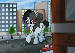 Size: 900x642 | Tagged: safe, artist:made-in-donuts, oc, oc only, oc:roxy rage, earth pony, human, pony, building, car, crush fetish, female, giant pony, giant/macro earth pony, giantess, macro, mare, stomping, street, tree