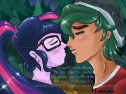 Size: 1024x768 | Tagged: safe, artist:drk-haimazulee, sci-twi, timber spruce, twilight sparkle, equestria girls, g4, my little pony equestria girls: legend of everfree, forest, glasses, hilarious in hindsight, imminent kissing, kissing, male, night, ponytail, shipping, straight, timbertwi, watermark