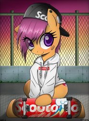 Size: 1221x1648 | Tagged: safe, artist:doriponi, artist:yorozpony, scootaloo, pegasus, pony, g4, backwards ballcap, bandaid, cap, clothes, cute, cutealoo, cutie mark, ear piercing, eye clipping through hair, eyelashes, female, fence, filly, foal, hat, hoodie, hype beast, piercing, signature, sitting, skateboard, skaterloo, smiling, solo, supreme, sweater, the cmc's cutie marks