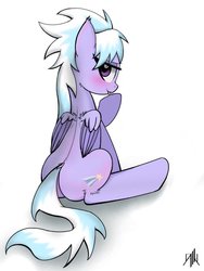 Size: 768x1024 | Tagged: safe, artist:doriponi, artist:yorozpony, cloudchaser, pegasus, pony, g4, blushing, butt, ear fluff, female, hoof licking, licking, looking at you, looking back, looking back at you, mare, plot, simple background, sitting, solo, tongue out, white background