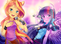 Size: 400x288 | Tagged: dead source, safe, artist:loyaldis, sunset shimmer, twilight sparkle, equestria girls, g4, my little pony equestria girls: rainbow rocks, duo, ponied up, singing, twilight sparkle (alicorn)