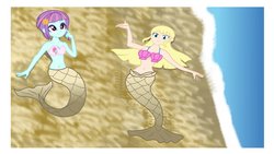 Size: 1191x670 | Tagged: safe, artist:lifes-remedy, sunny flare, oc, oc:cassandra, mermaid, siren, equestria girls, g4, bandeau, beach, belly button, breasts, cleavage, female, midriff, sand, seashell