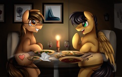 Size: 3509x2232 | Tagged: safe, artist:pridark, oc, oc only, earth pony, pegasus, pony, candlelight, commission, dinner, drink, food, fork, glass, glasses, happy, high res, open mouth, plate, spoon, table