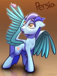 Size: 2048x2732 | Tagged: safe, oc, oc only, oc:persia, bird, pegasus, pony, female, floppy ears, gradient background, high res, large wings, mare, muscles, open mouth, reflection, solo, spread wings