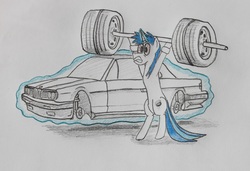 Size: 4424x3020 | Tagged: safe, artist:bumskuchen, oc, oc only, car, levitation, magic, newbie artist training grounds, ponysona, solo, telekinesis, traditional art, weights