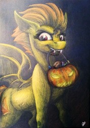 Size: 1883x2656 | Tagged: safe, artist:lupiarts, spitfire, bat pony, pony, g4, fangs, female, halloween, jack-o-lantern, mouth hold, pumpkin bucket, solo, spitbat