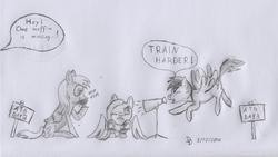 Size: 4745x2674 | Tagged: safe, artist:darkdabula, derpy hooves, fluttershy, rainbow dash, pegasus, pony, g4, eating, female, flying, food, mare, megaphone, muffin, newbie artist training grounds, traditional art