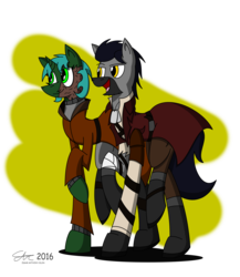 Size: 3700x4266 | Tagged: safe, artist:derpanater, oc, oc only, oc:bountiful heart, oc:jumping jack, earth pony, pony, unicorn, fallout equestria, bandage, beard, boots, clothes, coat, commission, digital art, dog tags, duo, eyeroll, facial hair, high res, jacket, scar, scarred, shading, signature, simple background, smiling, sweater, walking
