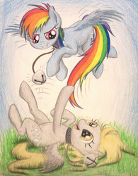 Size: 1060x1356 | Tagged: safe, artist:thefriendlyelephant, derpy hooves, rainbow dash, g4, 2tailedderpy is trying to murder us, behaving like a cat, bells, collar, commission, cute, dashabetes, derpabetes, filly, grass, thefriendlyelephant is trying to murder us, traditional art