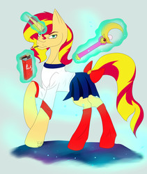 Size: 2109x2498 | Tagged: safe, artist:twigpony, sunset shimmer, pony, unicorn, equestria girls, g4, anime, clothes, crossover, eating, female, high res, magic, magic wand, pleated skirt, pocky, raised hoof, sailor moon (series), skirt, snack, solo