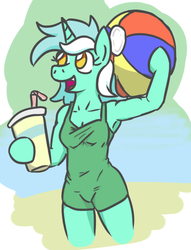 Size: 459x600 | Tagged: safe, artist:jargon scott, lyra heartstrings, anthro, unguligrade anthro, g4, arm hooves, armpits, beach, beach ball, clothes, one-piece swimsuit, swimsuit