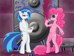 Size: 1280x960 | Tagged: safe, artist:alienkilla, dj pon-3, pinkie pie, vinyl scratch, pony, g4, bipedal, bloodshot eyes, drugs, energy drink, high, marijuana, pinkie high, red bull