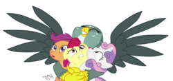 Size: 3594x1694 | Tagged: safe, artist:topaz7373, apple bloom, gabby, scootaloo, sweetie belle, griffon, g4, cutie mark crusaders, happy, hug, simple background, transparent background