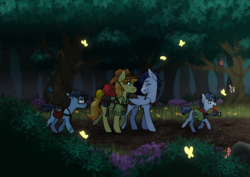 Size: 3541x2508 | Tagged: safe, artist:sinclair2013, braeburn, shady daze, soarin', splash panel, bird, butterfly, pony, squirrel, g4, adopted offspring, background pony, camera, camping, camping trip, colt, comic geek pony, commission, cute, everypony's gay for braeburn, eyes closed, family, father, father and son, flower, forest, gay, glasses, high res, hike, looking back, magical gay spawn, male, mushroom, nerd, nudity, parent:braeburn, parent:soarin', parents:soarburn, saddle bag, scout, scout uniform, sheath, ship:soarburn, shipping, son, story included, sweat, tree, walking