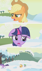 Size: 1278x2176 | Tagged: safe, edit, edited screencap, screencap, applejack, spike, twilight sparkle, dragon, earth pony, pony, unicorn, g4, winter wrap up, comic, crying, female, floppy ears, male, mare, screencap comic, snow, unicorn twilight