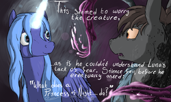 Size: 2000x1200 | Tagged: safe, artist:seventozen, princess luna, oc, oc:parthus, g4, magic, s1 luna, the exulansis project