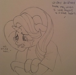 Size: 2923x2874 | Tagged: artist needed, safe, starlight glimmer, oc, oc:anon, human, pony, unicorn, g4, /mlp/, comforting, crying, duo, female, high res, hug, mare, monochrome, sad, sadlight glimmer, traditional art