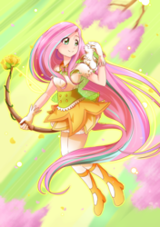 Size: 1000x1419 | Tagged: safe, artist:kelsea-chan, angel bunny, fluttershy, human, g4, archer, archery, bow (weapon), clothes, cute, duo, high heels, humanized, magical girl, rainbow power, rainbow power-ified, shyabetes, skirt, weapon