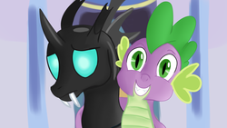 Size: 1280x720 | Tagged: safe, artist:jbond, spike, thorax, changeling, dragon, g4, the times they are a changeling, duo, duo male, male, smiling