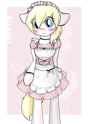 Size: 780x1080 | Tagged: safe, artist:thlb, oc, oc only, oc:aryanne, earth pony, pony, bipedal, blushing, clothes, cute, dress, embarrassed, female, floppy ears, headdress, maid, solo, standing