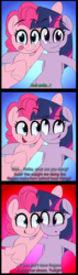 Size: 1318x4615 | Tagged: safe, artist:january3rd, pinkie pie, spike, twilight sparkle, alicorn, pony, g4, bipedal, bunny ears (gesture), comic, dialogue, duo, offscreen character, photo, twilight sparkle (alicorn)