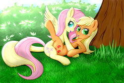 Size: 3000x2000 | Tagged: safe, artist:canister, applejack, fluttershy, earth pony, pegasus, pony, g4, bush, caught, cuddling, female, high res, lesbian, looking at you, mare, on back, open mouth, ship:appleshy, shipping, snuggling, tree, under the tree, wingboner