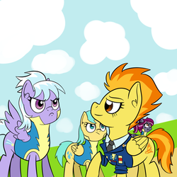 Size: 1000x1000 | Tagged: safe, artist:yakoshi, cloudchaser, spitfire, sunshower raindrops, oc, oc:spotlight splash, g4, equestria daily mascots, necktie, newbie artist training grounds, spitfire's tie, wonderbolt trainee uniform, wonderbolts dress uniform