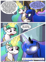 Size: 1400x1900 | Tagged: safe, artist:moemneop, princess celestia, princess luna, pony, comic:shifting changelings lies and truths, g4, comic, glowing eyes, magic