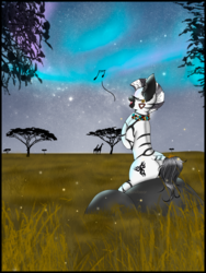 Size: 976x1296 | Tagged: safe, artist:niniibear, oc, oc only, giraffe, zebra, acacia tree, aurora borealis, beautiful, butt, commission, cute, eyelashes, female, happy, mare, music notes, night, outdoors, plot, pretty, savanna, singing, sitting, solo, tree, zebra oc