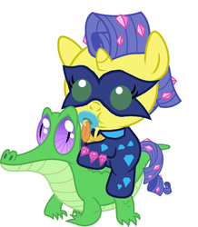 Size: 886x1017 | Tagged: safe, artist:red4567, gummy, radiance, pony, g4, baby, baby pony, baby radiance, cute, green gardener, pacifier, ponies riding gators, power ponies, radiance riding gummy, riding, weapons-grade cute