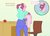 Size: 2496x1798 | Tagged: safe, artist:gunpowdergreentea, cheerilee, earth pony, anthro, g4, apple, ass, box, breasts, busty cheerilee, butt, buttcheeks, chair, clothes, desk, dialogue, female, flowerbutt, fruit, pants, pencil, rearboob, solo, speech bubble, the ass was fat