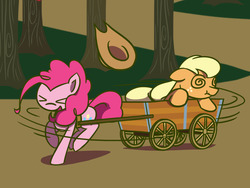 Size: 1280x960 | Tagged: safe, artist:flutterluv, applejack, pinkie pie, earth pony, pony, g4, atg 2016, cart, duo, newbie artist training grounds, spinning