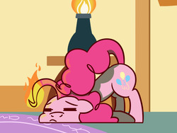 Size: 1280x960 | Tagged: safe, artist:flutterluv, pinkie pie, earth pony, pony, g4, atg 2016, burning, eyes closed, female, fire, newbie artist training grounds, on fire, solo, tired