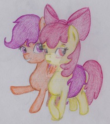 Size: 900x1014 | Tagged: safe, artist:marta4708, apple bloom, scootaloo, earth pony, pony, g4, blushing, female, filly, lesbian, ship:scootabloom, shipping, traditional art, watermark