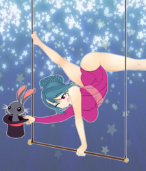 Size: 2300x2700 | Tagged: safe, artist:magico-enma, bernard rabbit, trapeze star, human, rabbit, g4, viva las pegasus, ass, backbend, balancing, big breasts, breasts, bunny out of the hat, busty trapeze star, butt, cleavage, clothes, female, flexible, hat, high res, humanized, leotard, magic trick, one eye closed, scene interpretation, the ass was fat, top hat, wink
