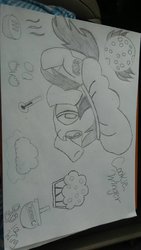 Size: 600x1067 | Tagged: safe, artist:neonbeyond21, oc, oc only, oc:cookie winger, chef's hat, egg, food, hat, muffin, newbie artist training grounds, pie, sideways image, solo, traditional art