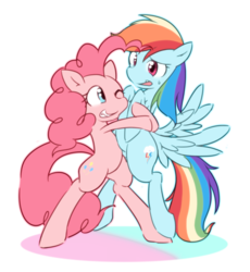 Size: 2072x2254 | Tagged: safe, artist:akainu_pony, pinkie pie, rainbow dash, g4, bipedal, cute, diapinkes, duo, high res, hug, looking at each other, looking at someone, one eye closed, open mouth, sharp teeth, simple background, smiling, sweat, sweatdrop, teeth, white background, wink