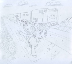 Size: 3684x3298 | Tagged: safe, artist:periodicbrony, applejack, g4, clothes, cloud, female, flower, ge genesis, hatless, high res, hoodie, leaf, locomotive, missing accessory, newbie artist training grounds, railroad, railroad crossing, running, solo, traditional art, train