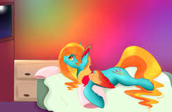 Size: 2999x1961 | Tagged: safe, artist:ondrea, oc, oc only, oc:stormence, bed, bedroom, colorful, cuddly, cute, fluffy, room, window