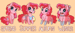 Size: 3400x1498 | Tagged: safe, artist:evehly, pinkie pie, earth pony, pony, g4, :t, autumn, beach ball, beanie, chest fluff, clothes, cute, diapinkes, female, flower, flower in hair, fluffy, hat, looking at you, mare, one-piece swimsuit, open mouth, orange background, ponk, scarf, seasons, simple background, sitting, smiling, socks, solo, spring, summer, swimsuit, winter, winter fluff
