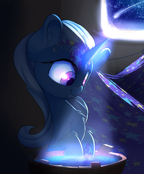 Size: 2000x2400 | Tagged: safe, artist:madacon, trixie, pony, unicorn, g4, alternate hairstyle, atg 2016, crepuscular rays, female, high res, mare, newbie artist training grounds, shooting star, smiling, solo, window