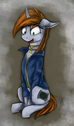 Size: 1126x1920 | Tagged: safe, artist:hispushkaa, oc, oc only, oc:littlepip, pony, unicorn, fallout equestria, abstract background, clothes, collar, cutie mark, fanfic, fanfic art, female, floppy ears, hooves, horn, jumpsuit, mare, open mouth, pipbuck, sitting, solo, vault suit