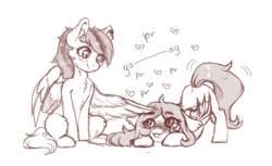 Size: 1280x782 | Tagged: safe, artist:dagmell, oc, oc only, bat pony, pegasus, pony, bat pony oc, behaving like a cat, cute, duo, heart, looking at each other, monochrome, petting, purring, simple background, sketch, white background