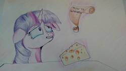 Size: 1632x918 | Tagged: safe, artist:chrisgotjar, twilight sparkle, g4, cheese, female, floppy ears, food, glowing horn, horn, levitation, magic, newbie artist training grounds, solo, telekinesis, they're just so cheesy, traditional art
