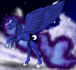 Size: 4346x4002 | Tagged: safe, artist:quelendnroselyn, princess luna, g4, absurd resolution, cloud, female, hoers, moon, night, rearing, solo, spread wings, stars