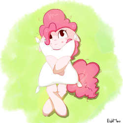 Size: 2000x2000 | Tagged: safe, artist:pinkieeighttwo, pinkie pie, g4, cute, diapinkes, female, floppy ears, high res, hug, on back, pillow, solo