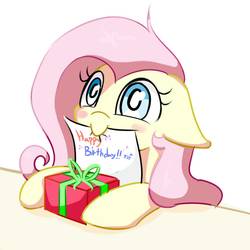 Size: 1920x1920 | Tagged: safe, artist:pinkieeighttwo, fluttershy, pegasus, pony, g4, birthday, blushing, cute, female, floppy ears, happy birthday, mouth hold, note, present, shyabetes, solo