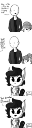 Size: 1188x4752 | Tagged: safe, artist:tjpones, oc, oc only, oc:brownie bun, oc:murder slice, oc:richard, bat pony, earth pony, human, pony, vampire, vampony, horse wife, blood donation, blood drive, chest fluff, comic, cute, dialogue, ear fluff, fangs, female, grayscale, human male, lisp, male, mare, monochrome, name tag, seems legit, simple background, sitting, smiling, white background