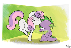 Size: 1600x1074 | Tagged: safe, artist:saranr, spike, sweetie belle, g4, male, ship:spikebelle, shipping, straight